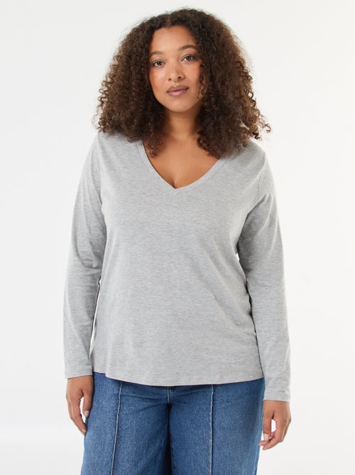 T-shirt em jersey com decote em V e mangas compridas - Kiabi