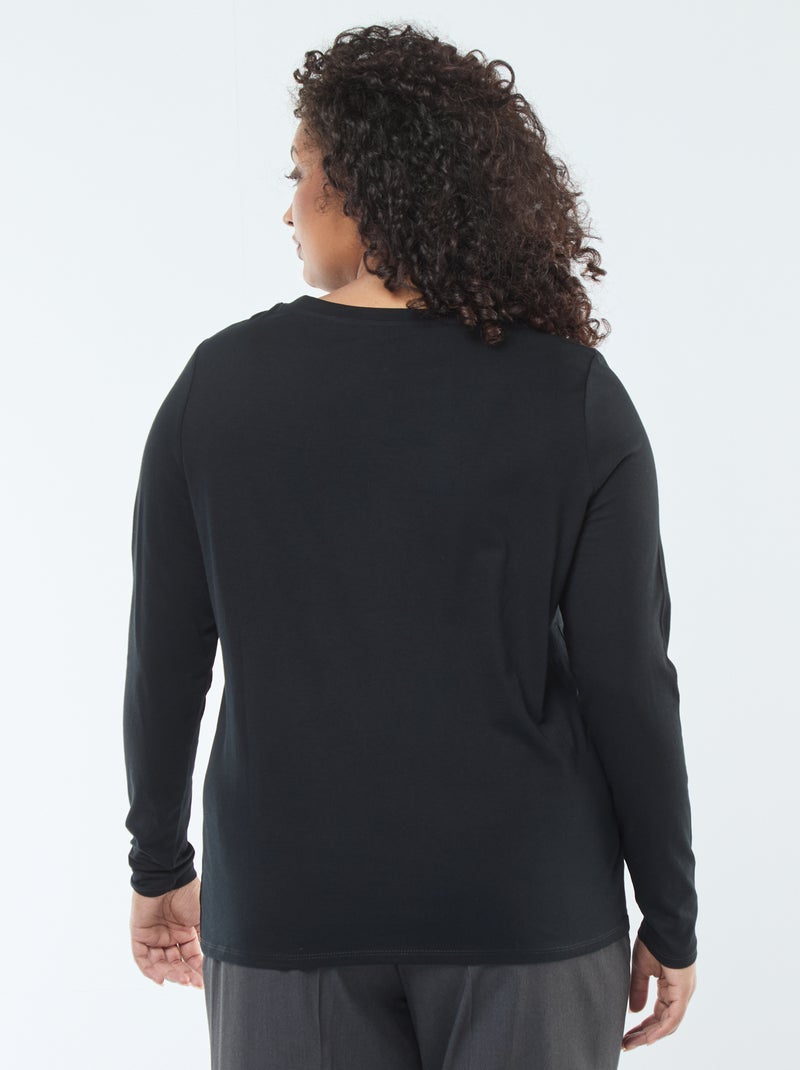 T-shirt em jersey com decote em V e mangas compridas Preto - Kiabi