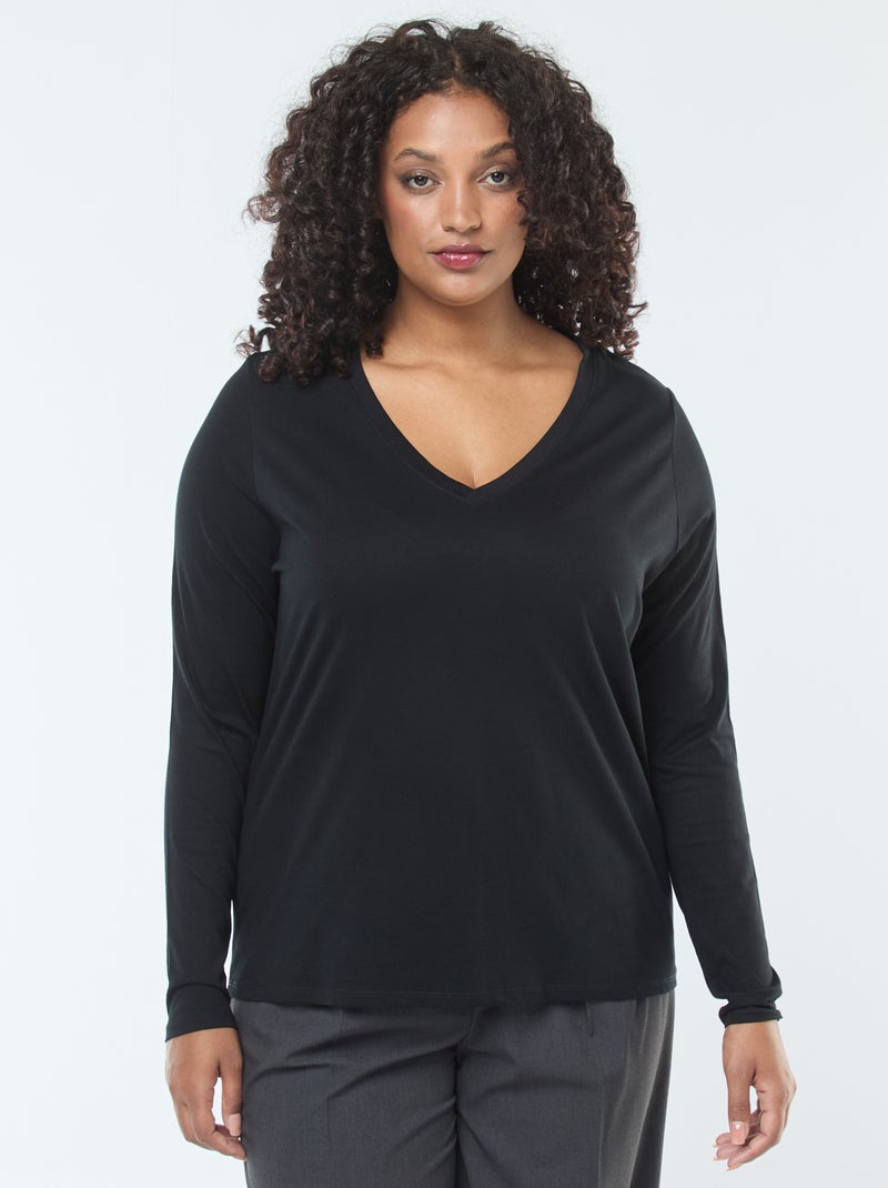 T-shirt em jersey com decote em V e mangas compridas Preto - Kiabi