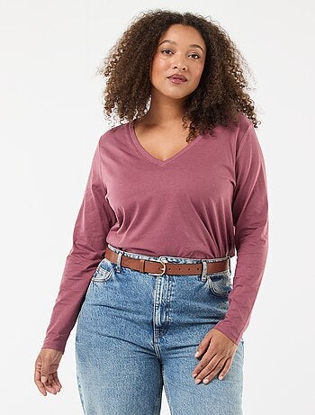 T-shirt em jersey com decote em V e mangas compridas