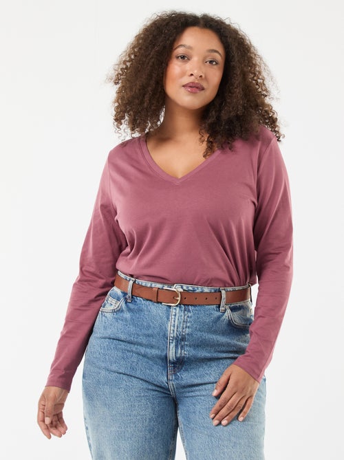 T-shirt em jersey com decote em V e mangas compridas - Kiabi