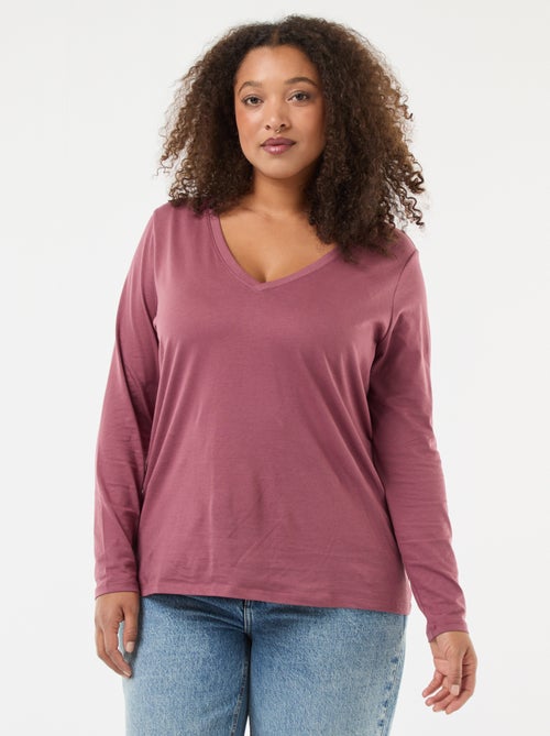 T-shirt em jersey com decote em V e mangas compridas - Kiabi