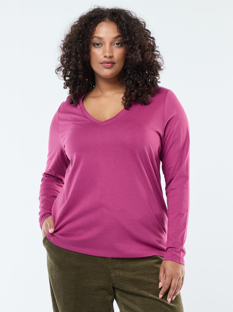 T-shirt em jersey com decote em V e mangas compridas Rosa - Kiabi