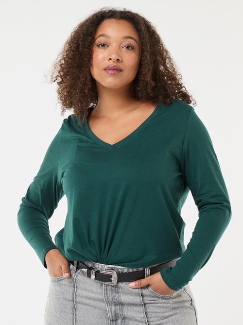 T-shirt em jersey com decote em V e mangas compridas - Kiabi