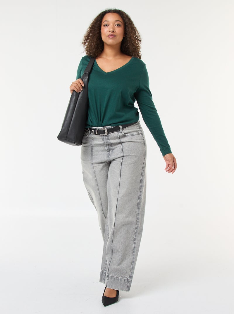 T-shirt em jersey com decote em V e mangas compridas Verde - Kiabi