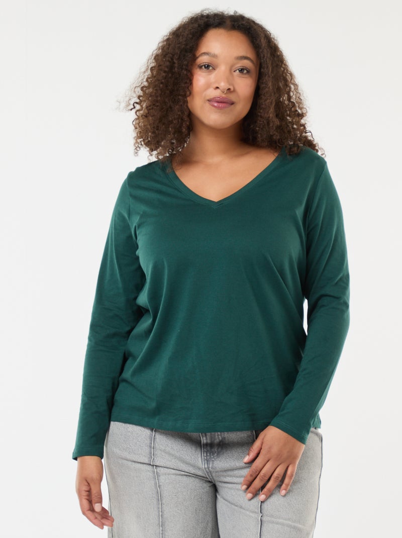T-shirt em jersey com decote em V e mangas compridas Verde - Kiabi