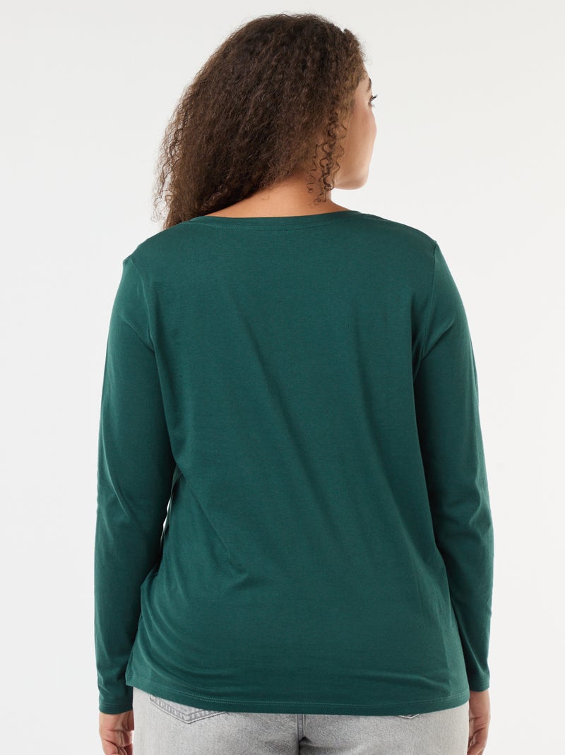 T-shirt em jersey com decote em V e mangas compridas Verde - Kiabi