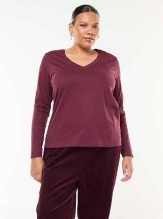 T-shirt em jersey com decote em V e mangas compridas