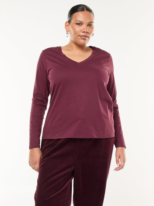 T-shirt em jersey com decote em V e mangas compridas - Kiabi