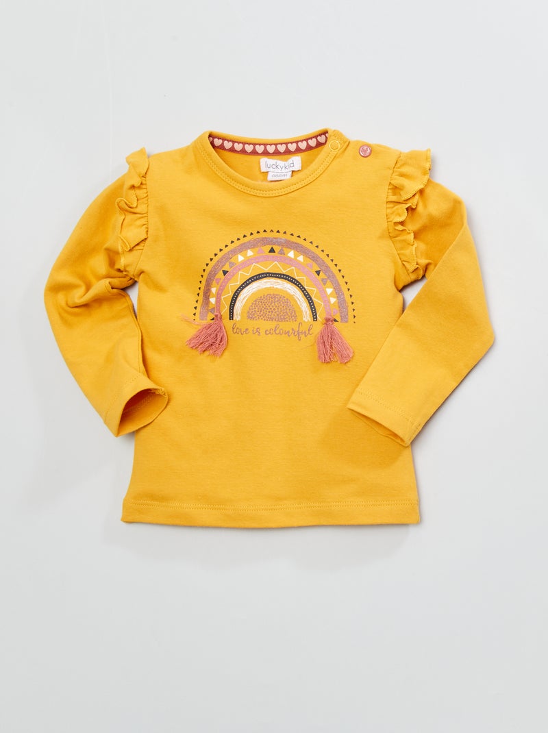 T-shirt em jersey com estampado + pompons Amarelo - Kiabi