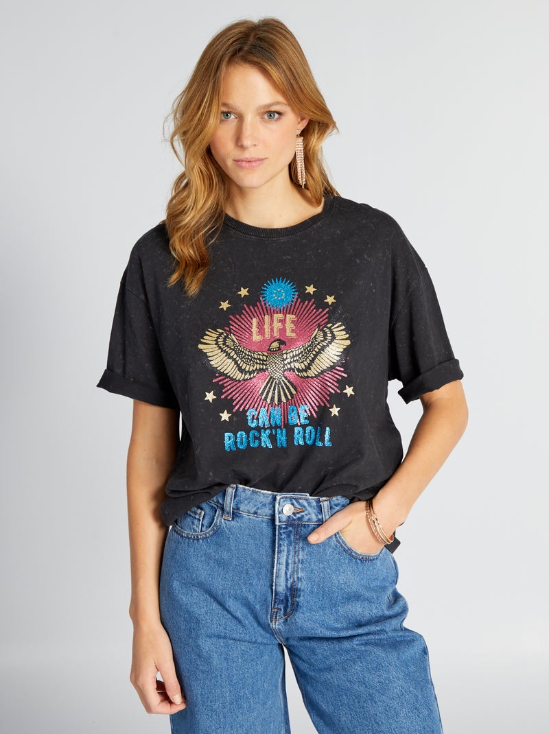 T-shirt em jersey com estampado PRETO - Kiabi