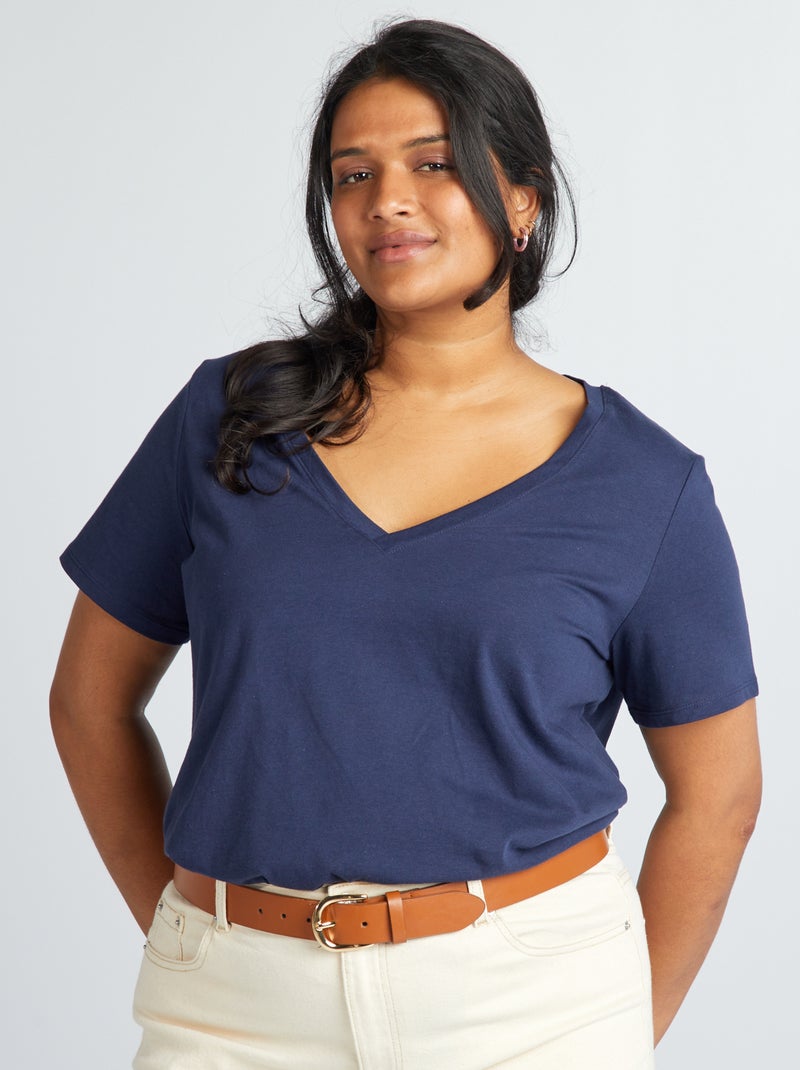 T-shirt em jersey com gola em V Azul Preto - Kiabi
