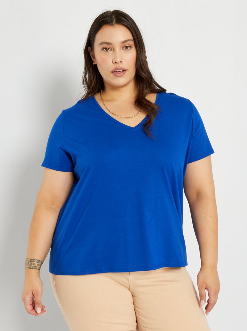 T-shirt em jersey com gola em V Azul - Kiabi