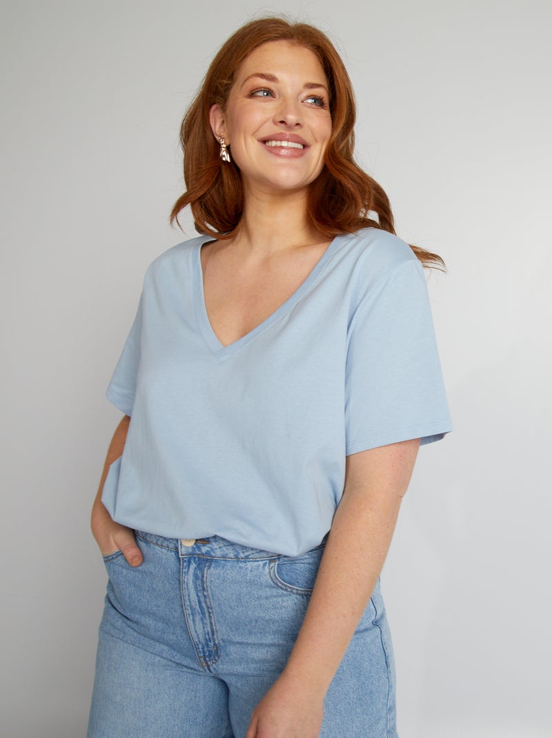 T-shirt em jersey com gola em V AZUL - Kiabi