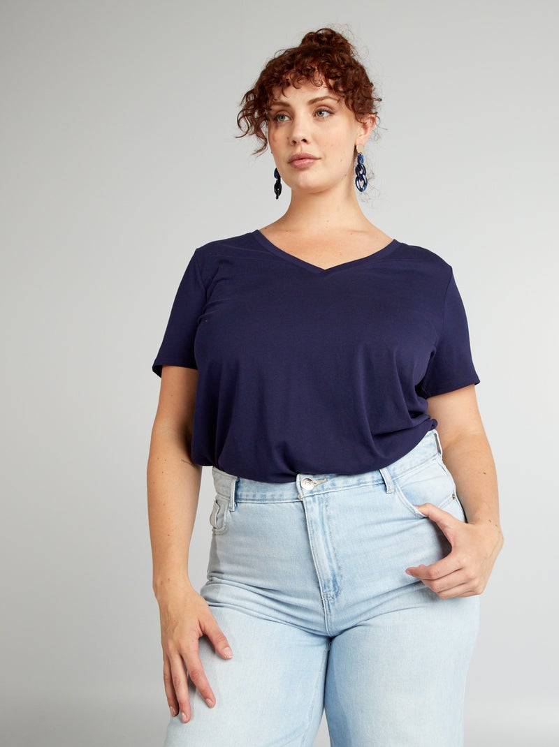 T-shirt em jersey com gola em V Azul - Kiabi