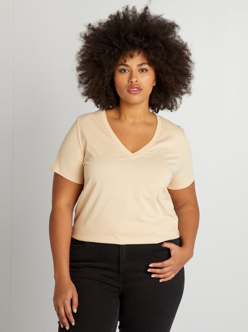 T-shirt em jersey com gola em V BEGE - Kiabi