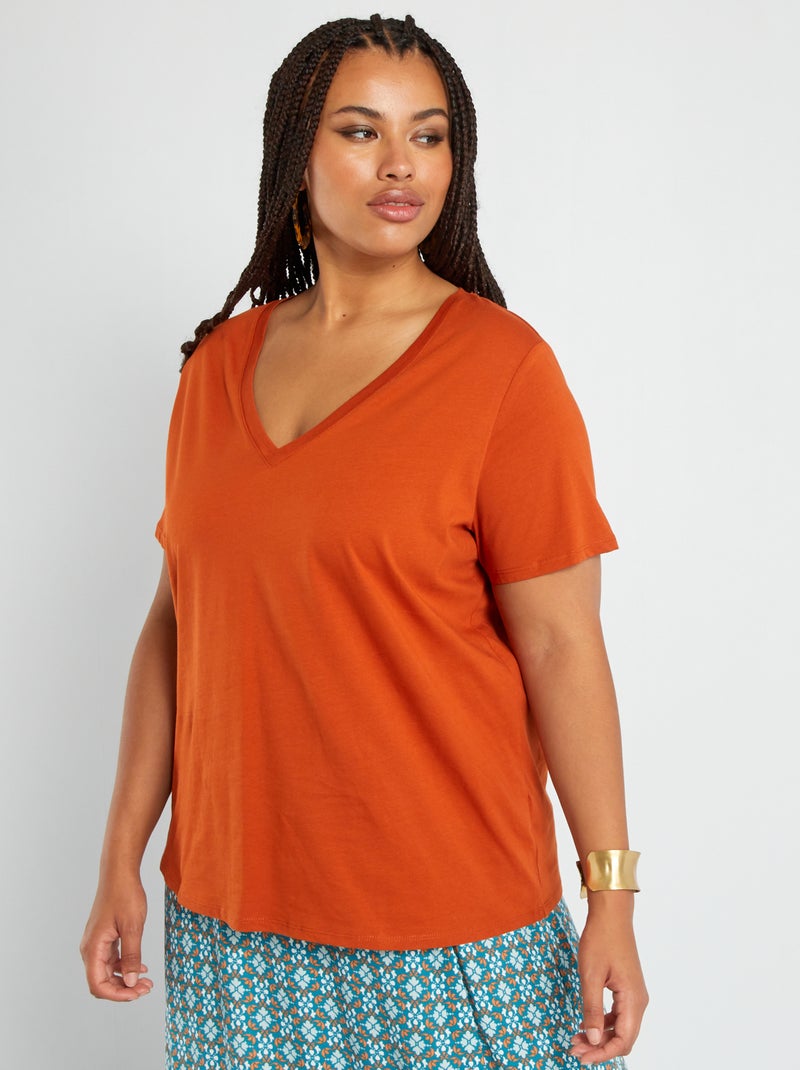 T-shirt em jersey com gola em V LARANJA - Kiabi