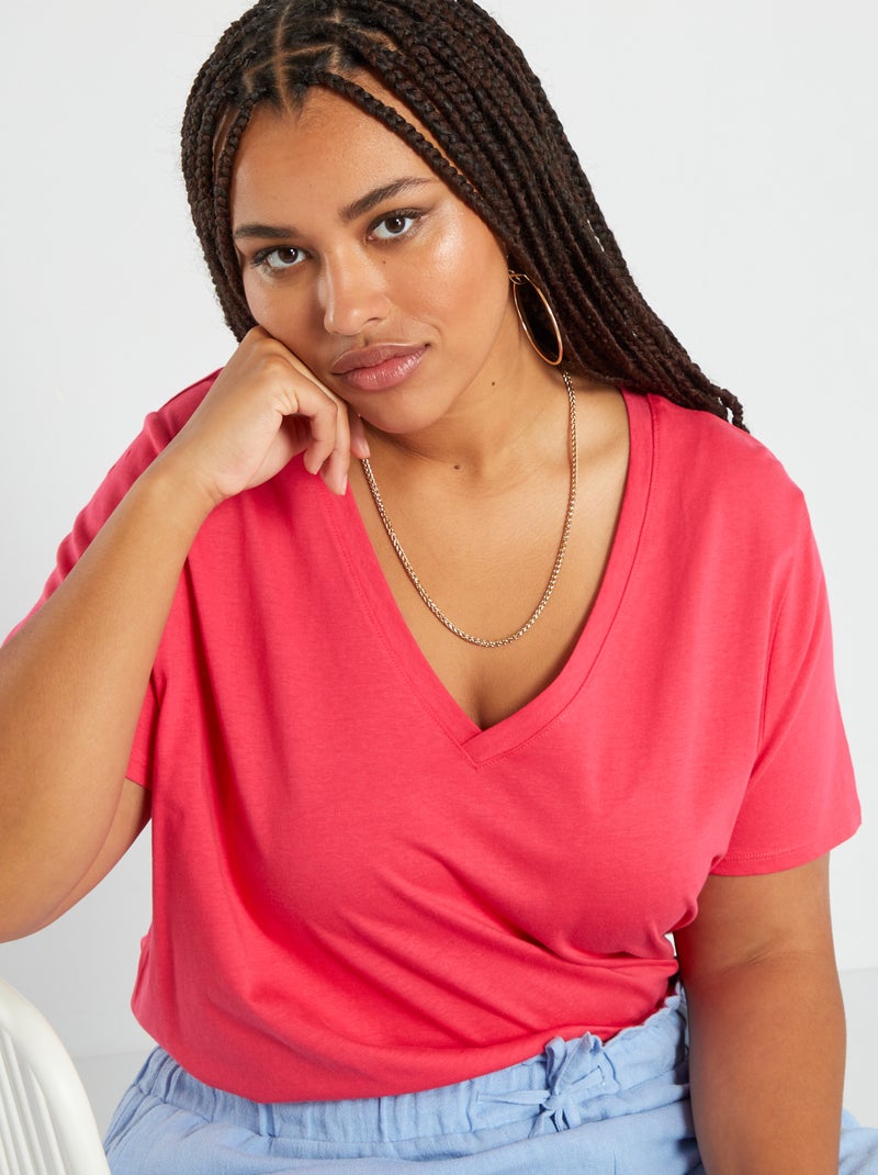 T-shirt em jersey com gola em V Rosa - Kiabi
