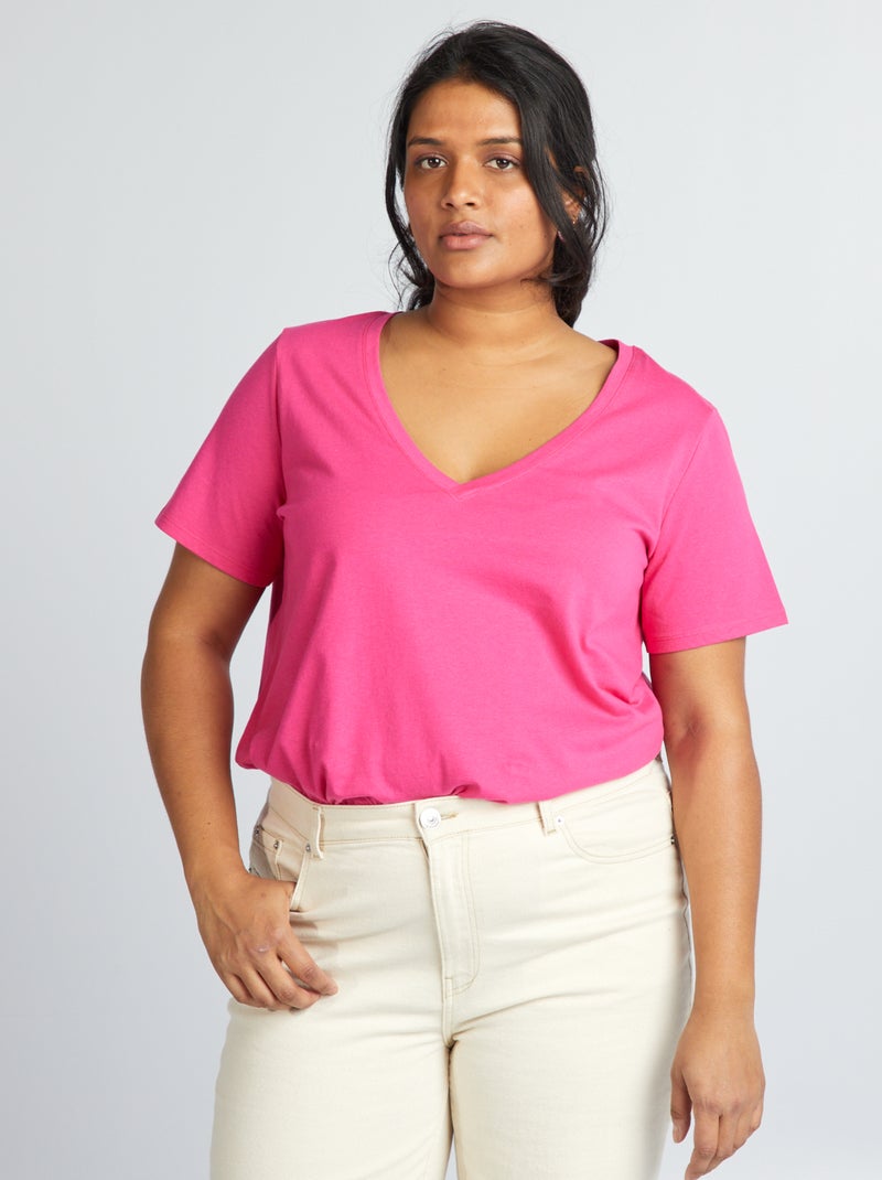 T-shirt em jersey com gola em V ROSA - Kiabi