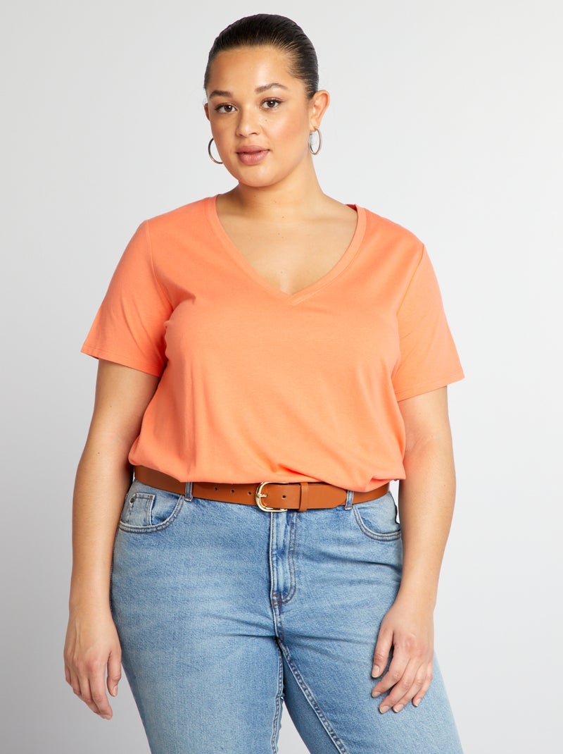 T-shirt em jersey com gola em V ROSA - Kiabi
