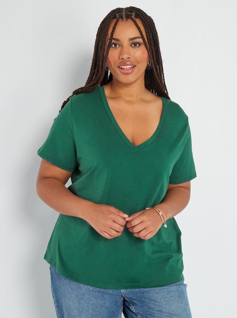 T-shirt em jersey com gola em V Verde - Kiabi