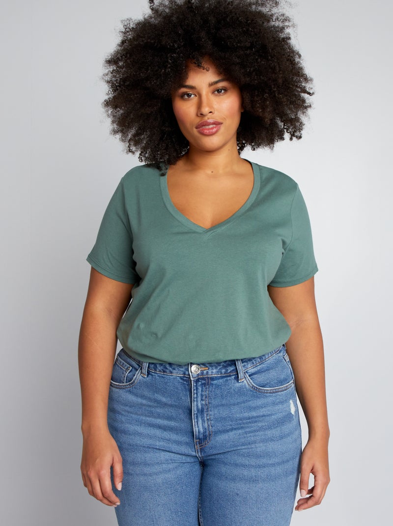 T-shirt em jersey com gola em V VERDE - Kiabi