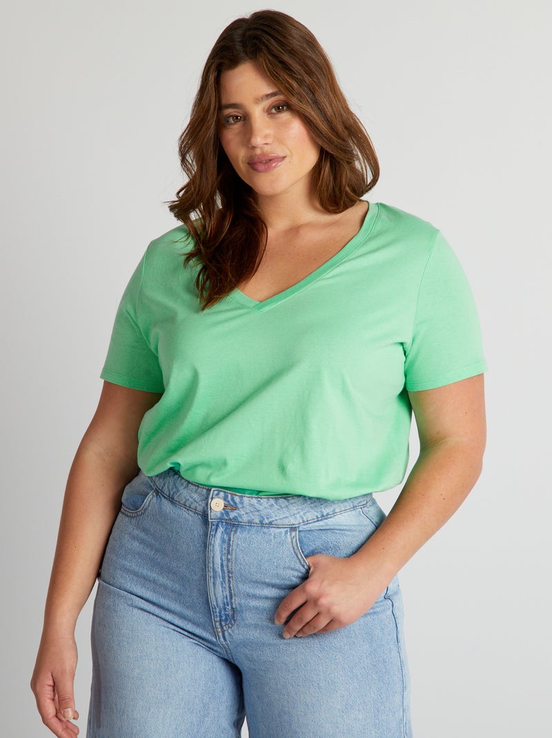 T-shirt em jersey com gola em V VERDE - Kiabi