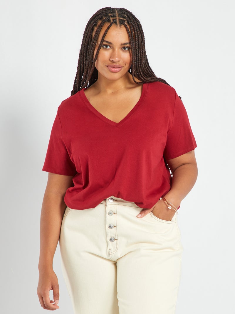 T-shirt em jersey com gola em V VERMELHO - Kiabi