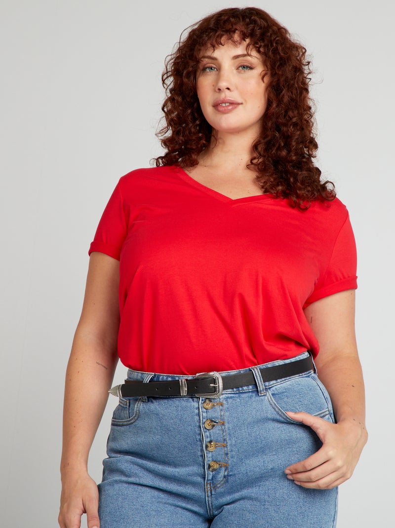 T-shirt em jersey com gola em V Vermelho - Kiabi