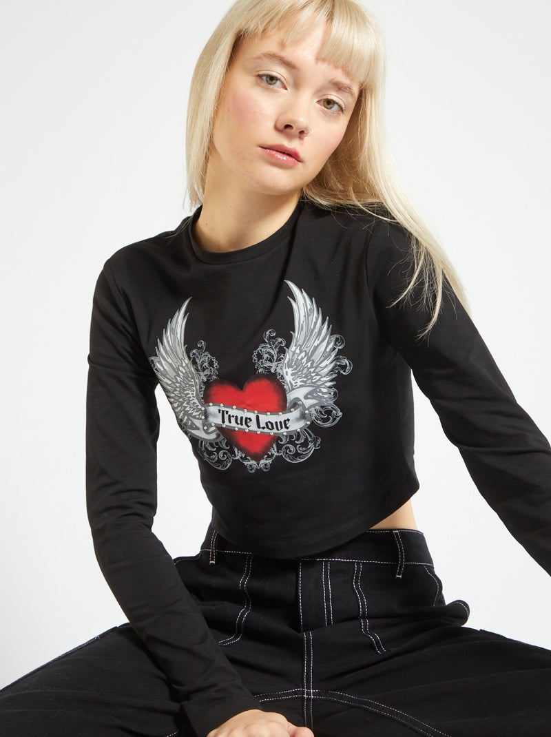 T-shirt em jersey com gola redonda Preto - Kiabi