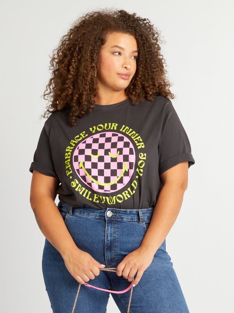 T-shirt em jersey com gola redonda 'SmileyWorld' PRETO - Kiabi