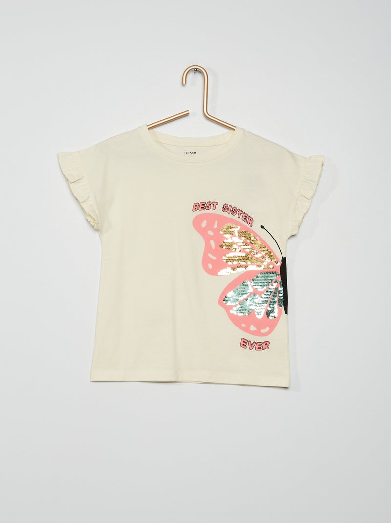 T-shirt em jersey com mangas com folhos BRANCO - Kiabi