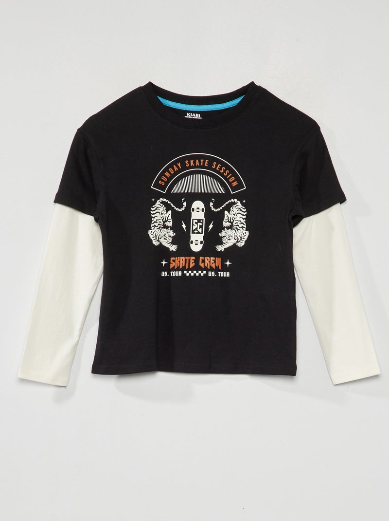 T-shirt em jersey com mangas forradas PRETO - Kiabi