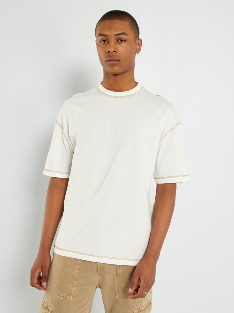 T-shirt em jersey com pespontos Branco - Kiabi