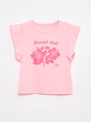 T-shirt em jersey com um estampado frente/verso e mangas com folhos