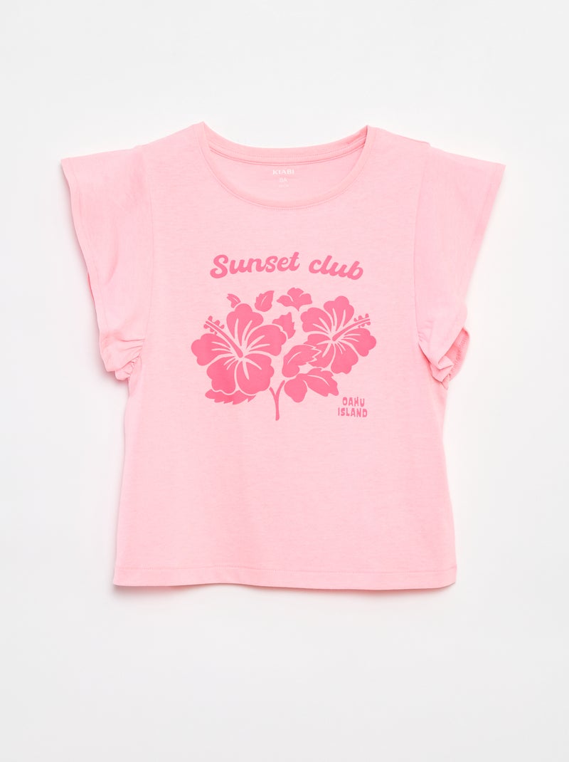 T-shirt em jersey com um estampado frente/verso e mangas com folhos ROSA - Kiabi