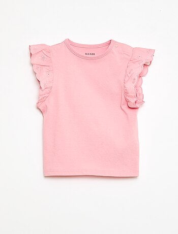 T-shirt em jersey de algodão com mangas curtas em bordado inglês