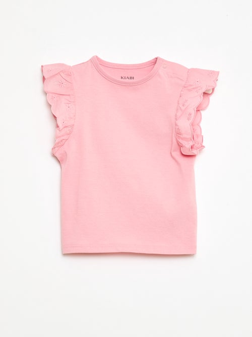 T-shirt em jersey de algodão com mangas curtas em bordado inglês - Kiabi