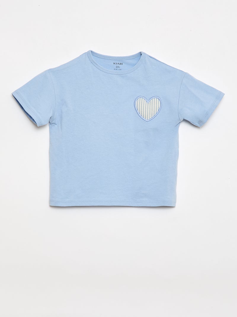 T-shirt em jersey de algodão com patch de coração Azul - Kiabi