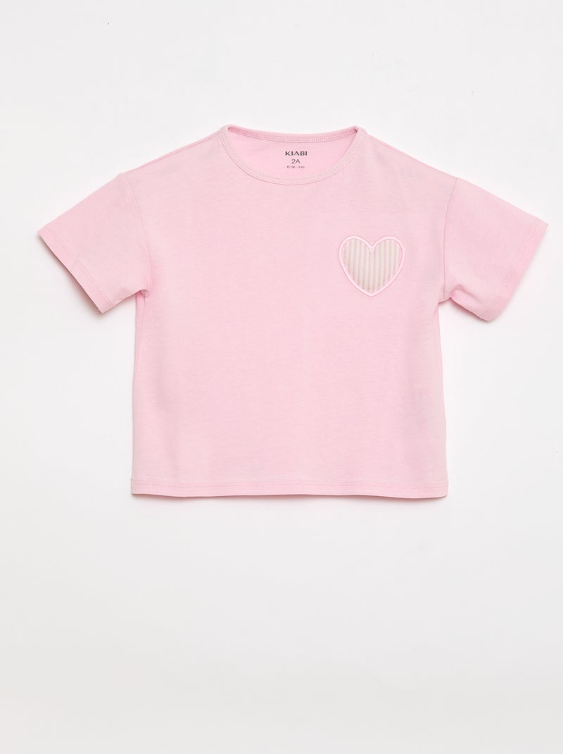 T-shirt em jersey de algodão com patch de coração Rosa - Kiabi