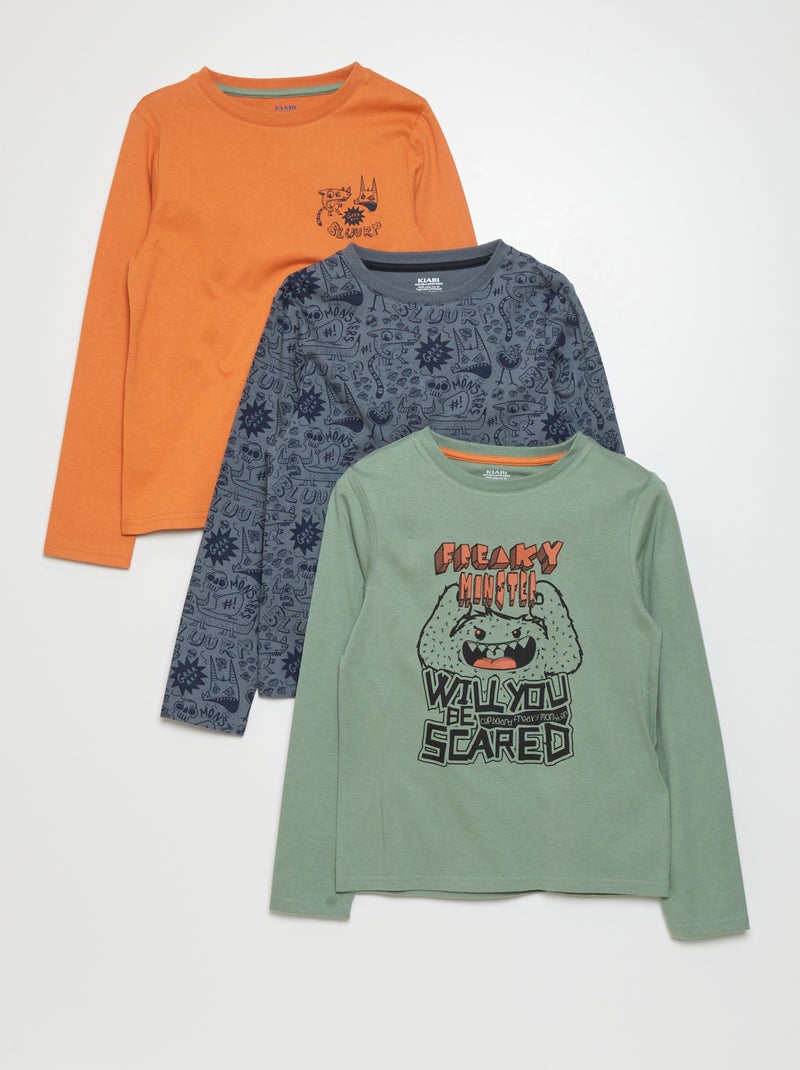 T-shirt em jersey de manga comprida - Lote de 3 CAQUI - Kiabi