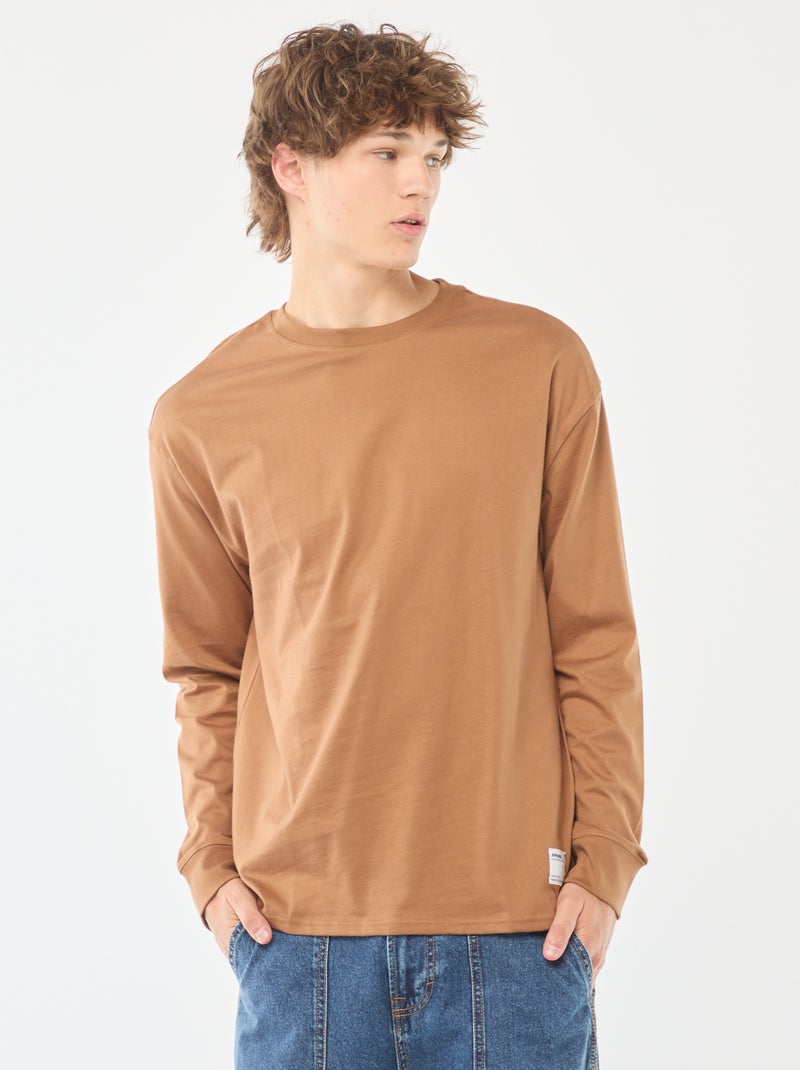 T-shirt em jersey de manga comprida Bege - Kiabi