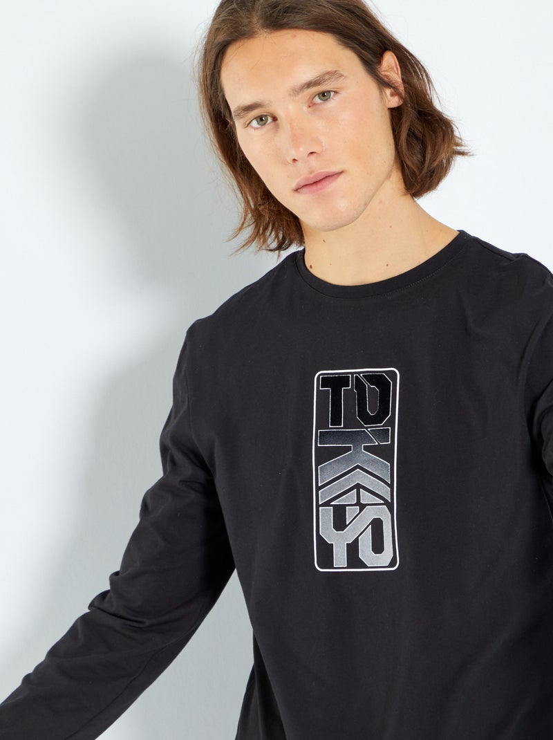 T-shirt em jersey de manga comprida Preto - Kiabi