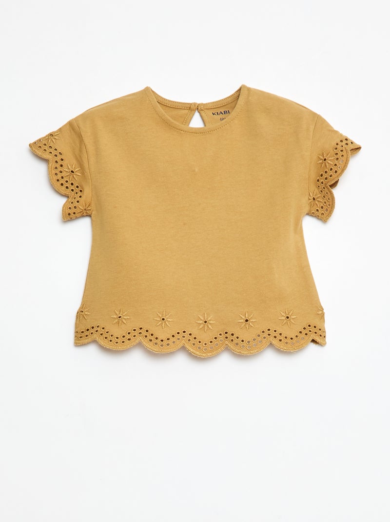 T-shirt em jersey de manga curta com bordado inglês Amarelo - Kiabi