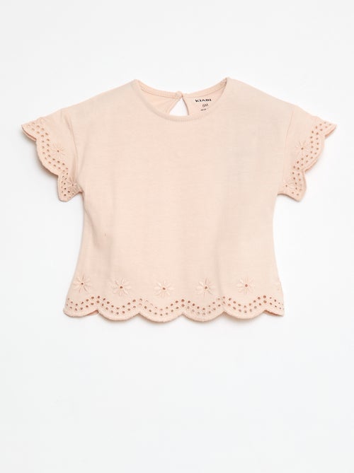 T-shirt em jersey de manga curta com bordado inglês - Kiabi