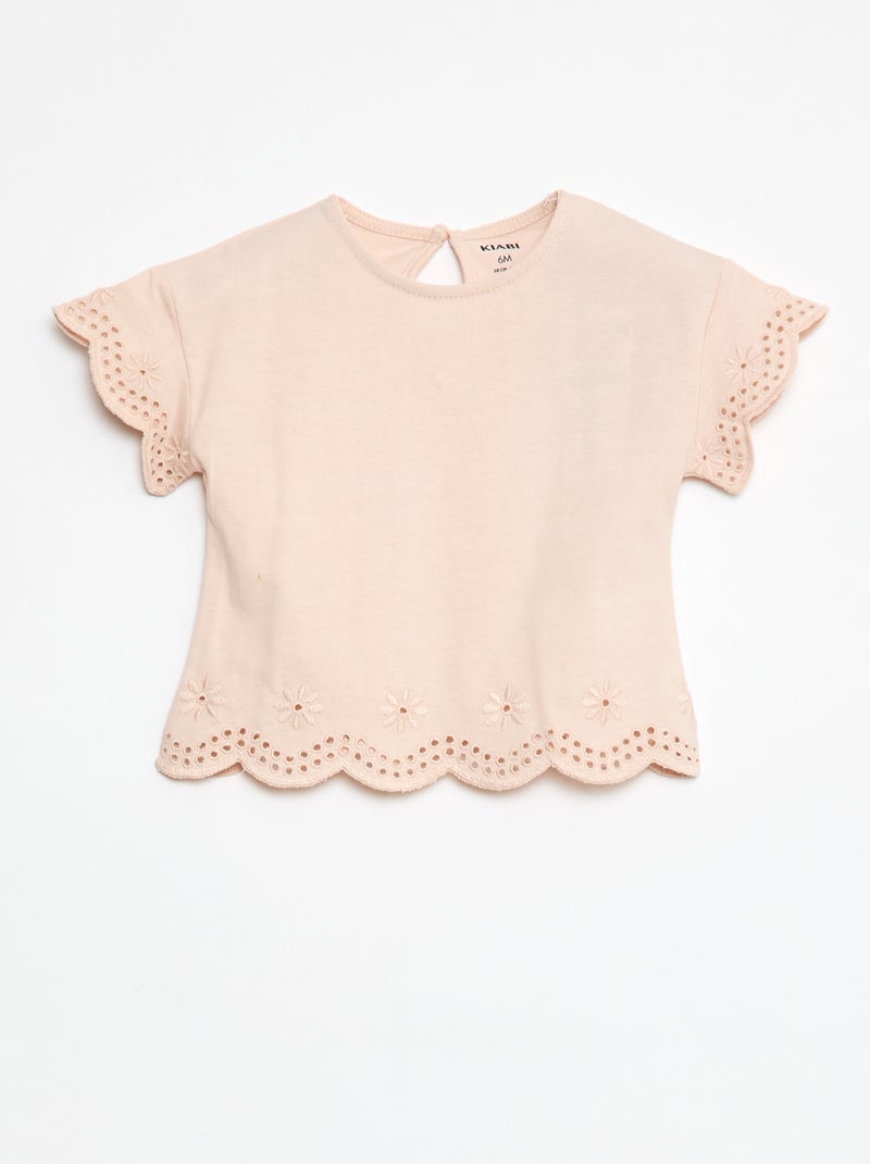T-shirt em jersey de manga curta com bordado inglês Rosa - Kiabi