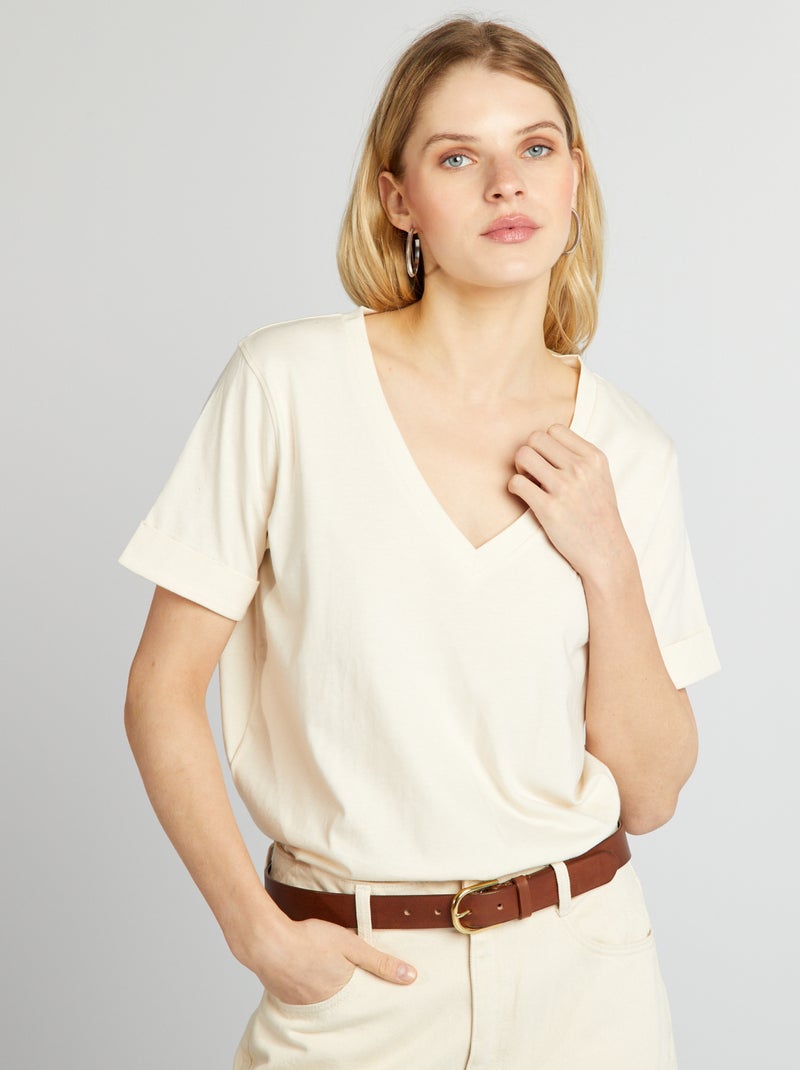 T-shirt em jersey de manga curta com dobra BRANCO - Kiabi