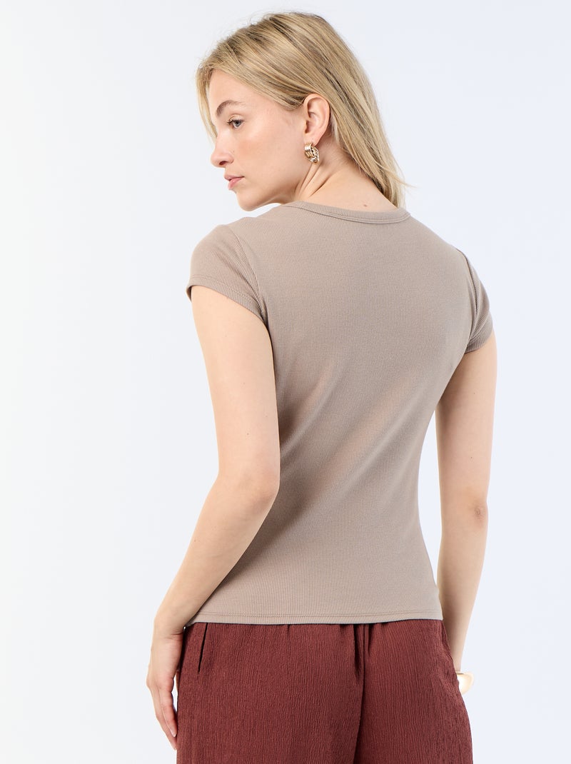 T-shirt em jersey de mangas curtas com textura canelada Bege - Kiabi