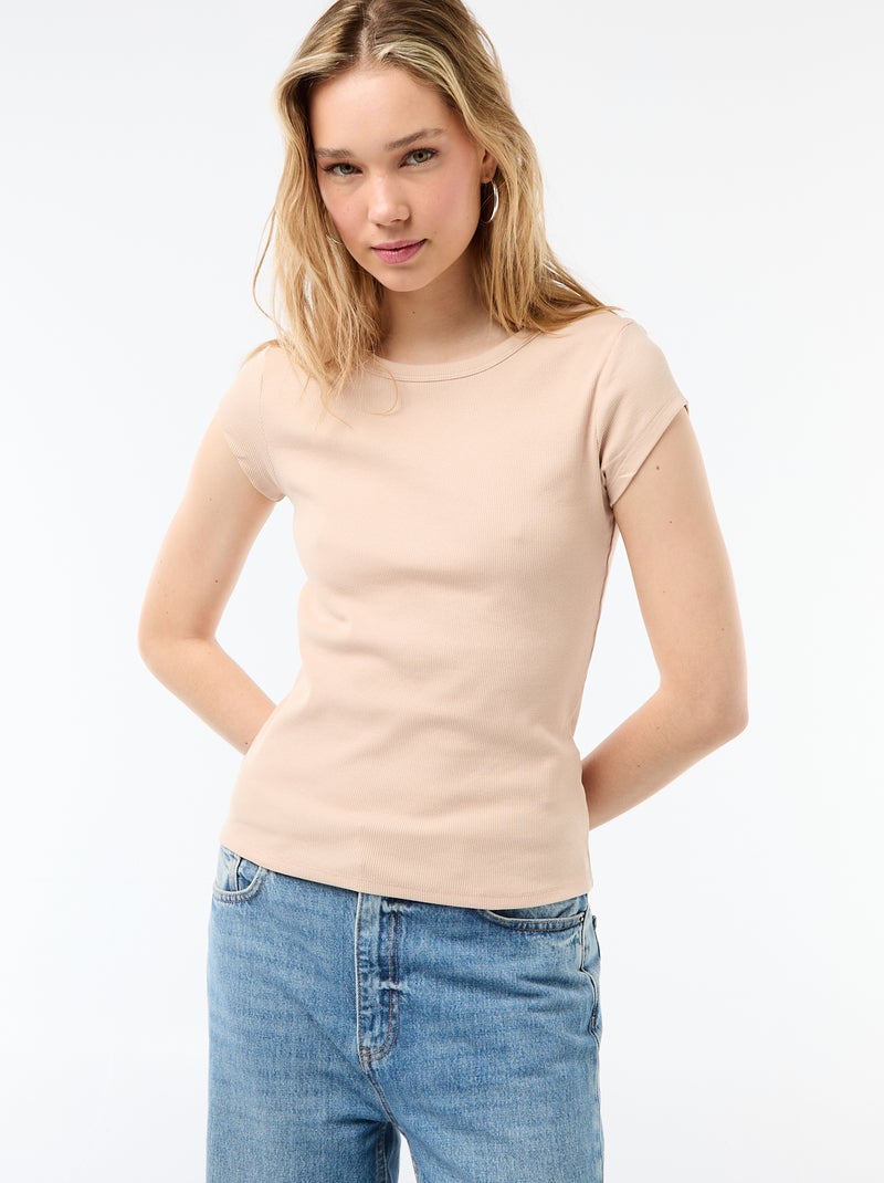 T-shirt em jersey de mangas curtas com textura canelada Bege - Kiabi