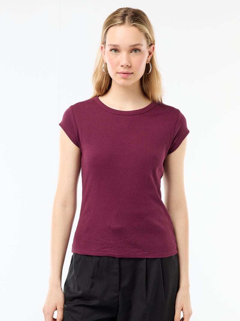 T-shirt em jersey de mangas curtas com textura canelada Bordeaux - Kiabi